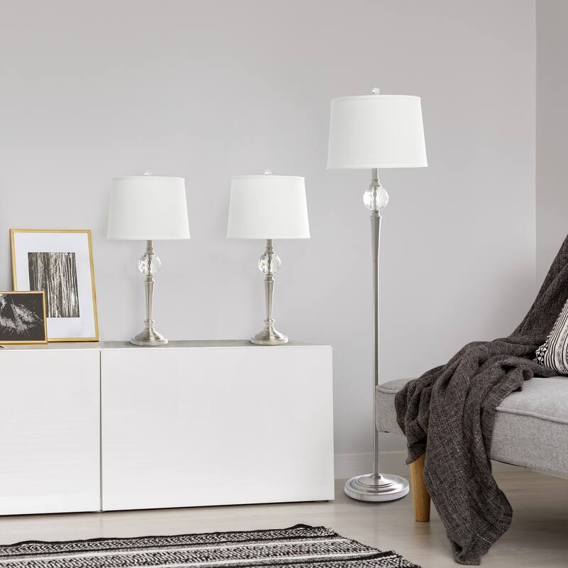 63 in. Brushed Nickel Finish Table Lamp Set with White Shade, 3 Piece Set for Living Room