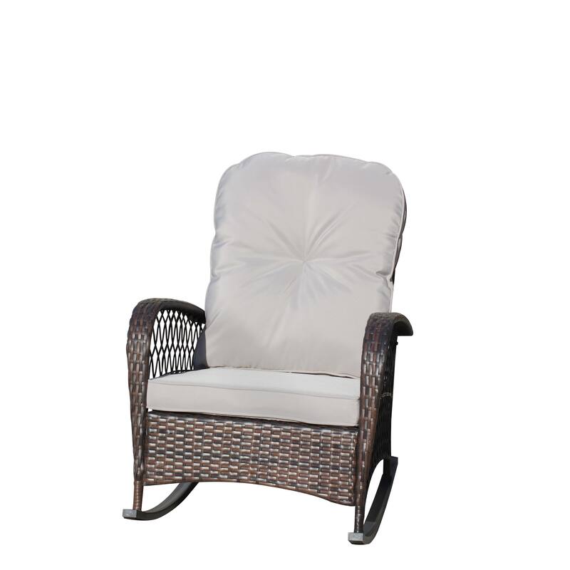Outdoor Wicker Rocking Chair with Wide Seat, Thick, Soft Cushion, Rattan Rocker w/Steel Frame, High Weight Capacity