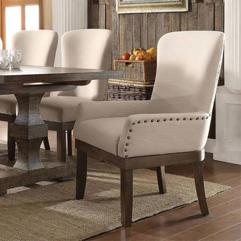 Linen Arm Chair with Nailhead Trim in Beige and Salvage Brown
