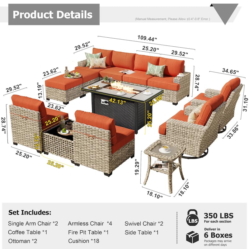 HOOOWOOO 13-piece Outdoor Sofa Patio Wicker Swivel Chair Set with 42" Fire Pit