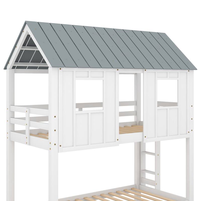 Twin Size House Bunk Bed with Trundle, Roof and Windows in White and Grey