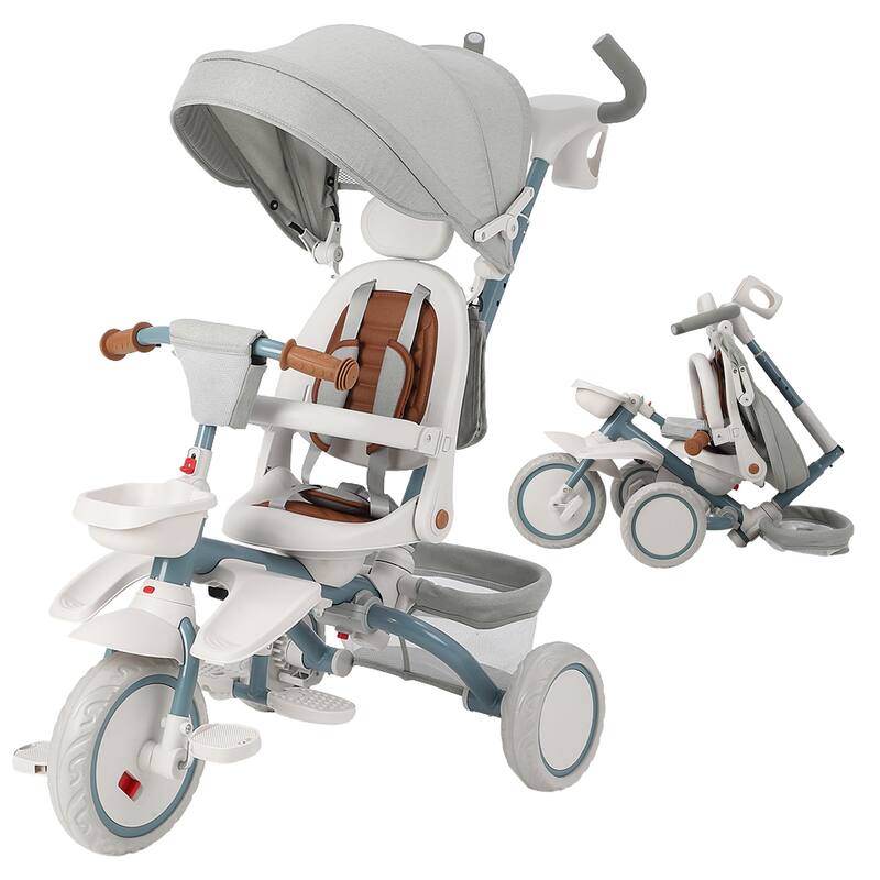 Baby Tricycle, 7 in 1 Folding Toddler Bike w/Removable Adjustable Push Handle