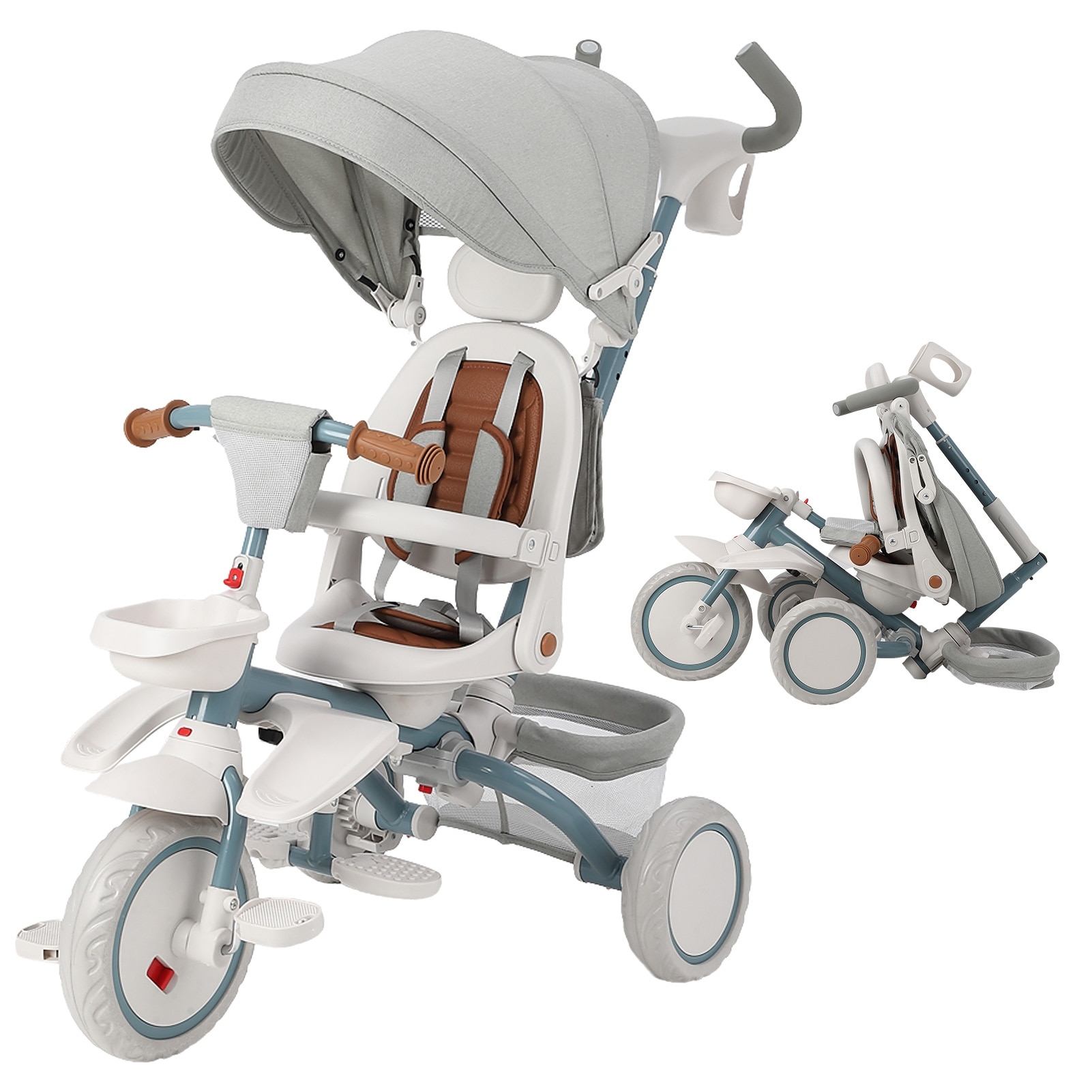 Baby Tricycle 7 in 1 Folding Toddler Bike w Removable Adjustable Push Handle Red