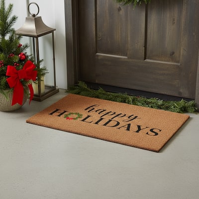 HomeRoots 17" X 29" Brown Black And Green Christmas Happy Holidays Outdoor Coir Door Mat - 17.00' X '29.00