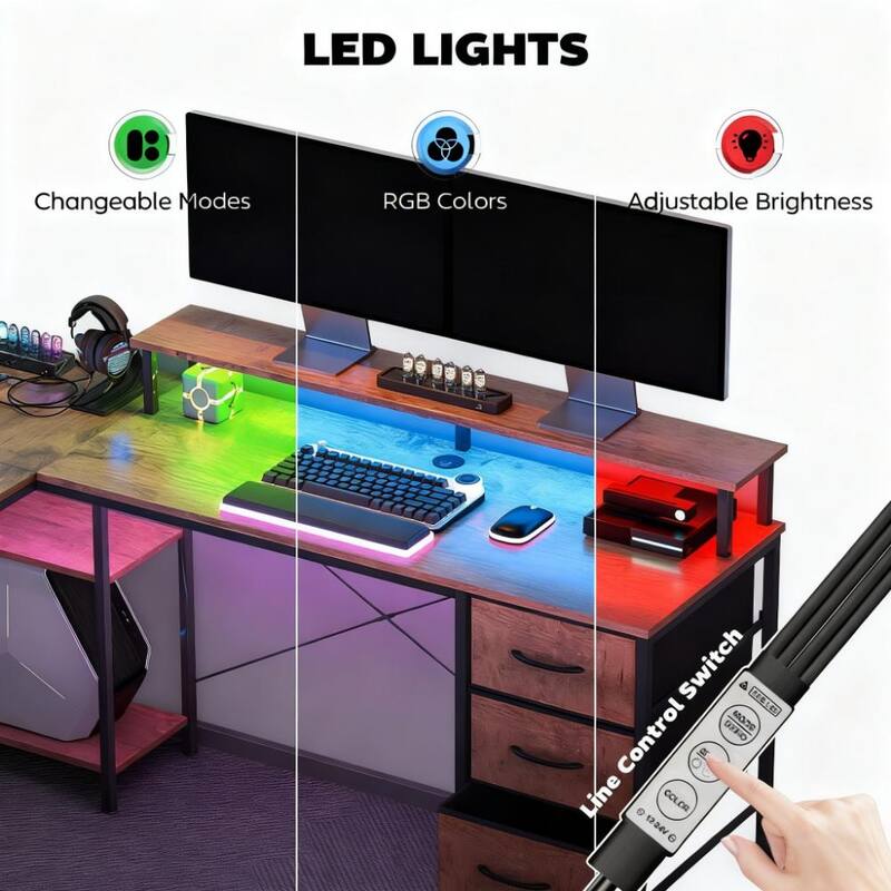 Corner Desk with File Drawer, Power Outlets and LED Lights,For Home and Office