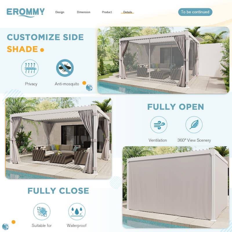 EROMMY 12x12 Adjustable Metal Roof Pergola with Curtains and Netting, Outdoor Hardtop Gazebo for Patio