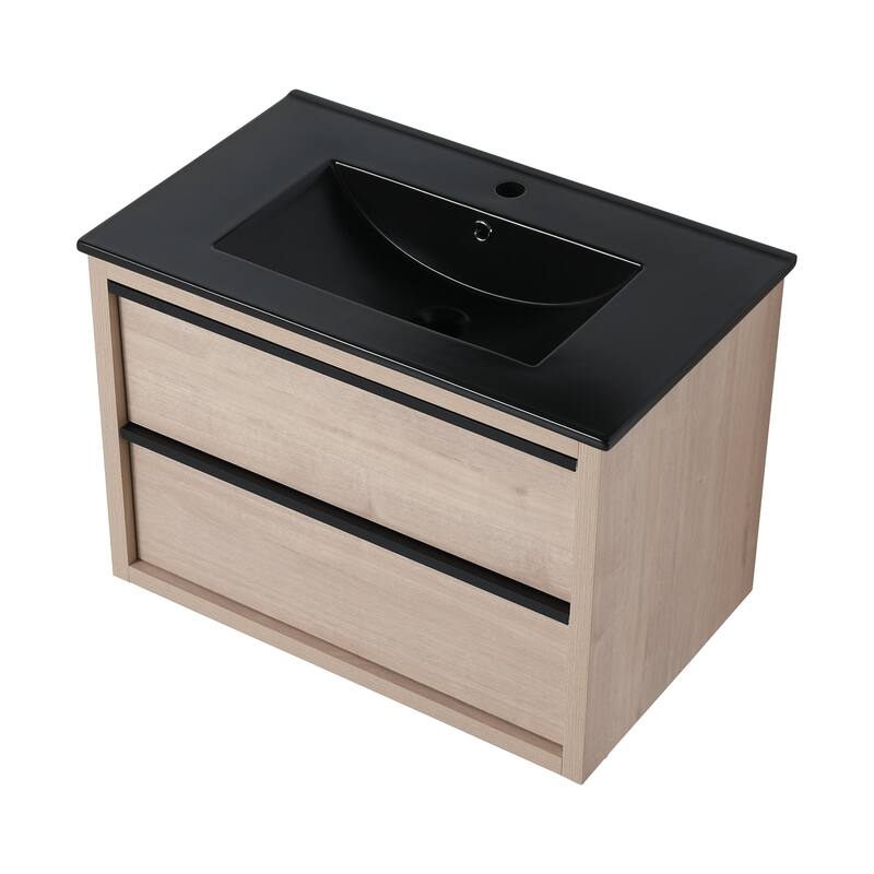 Wall-Mounted Plywood Bathroom Vanity Set in Plain Light Oak with Integrated Sink