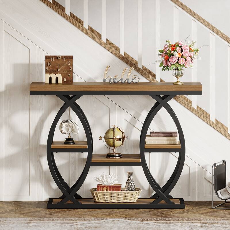 Industrial Console Table, 4-Tier Sofa Table with Geometric Metal Frame