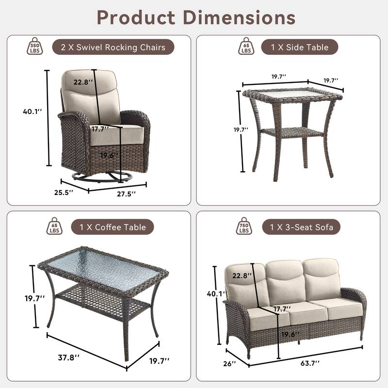 Pocassy Outdoor Wicker Patio Sofa with Swivel Chair and Coffee Table