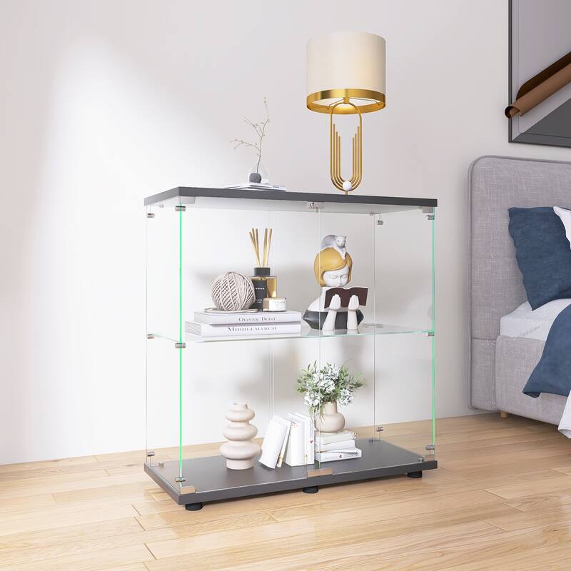 Two-door Glass Display Cabinet, Floor Standing Curio Bookshelf w/2 Shelves, Transparent Full Viewing Angle Cabinets for Bedroom