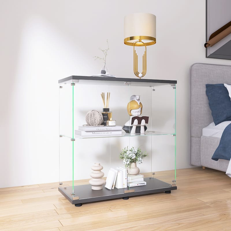 Two-door Glass Display Cabinet 2 Shelves with Door, Floor Standing Curio Bookshelf