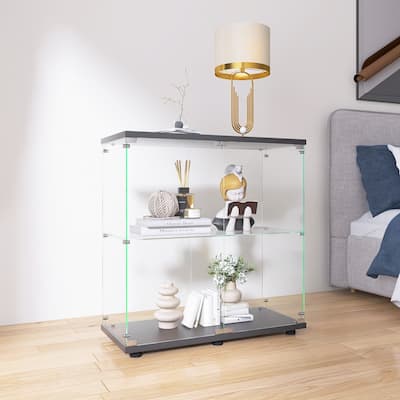 Two-door Glass Display Cabinet 2 Shelves with Door, Floor Standing Curio Bookshelf