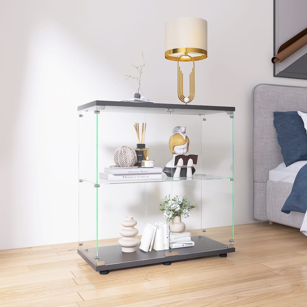 Two-door Glass Display Cabinet 2 Shelves with Door, Floor Standing Curio Bookshelf