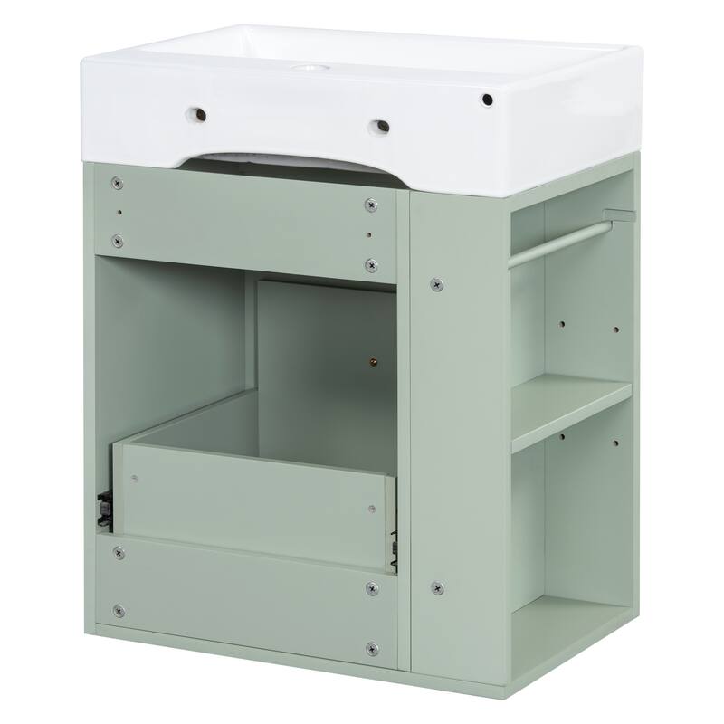 20 Inch Wall-mounted Bathroom Vanity with Ceramic Sink, Floating Bathroom Vanity Cabinet with Side Shelf for Small Bathrooms