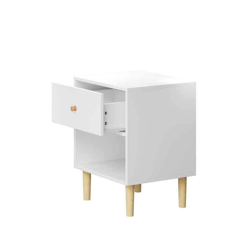 Wooden Nightstand with Drawer, Chair Side End Table with Wooden Legs, Couch Side Table with Open Storage Shelf