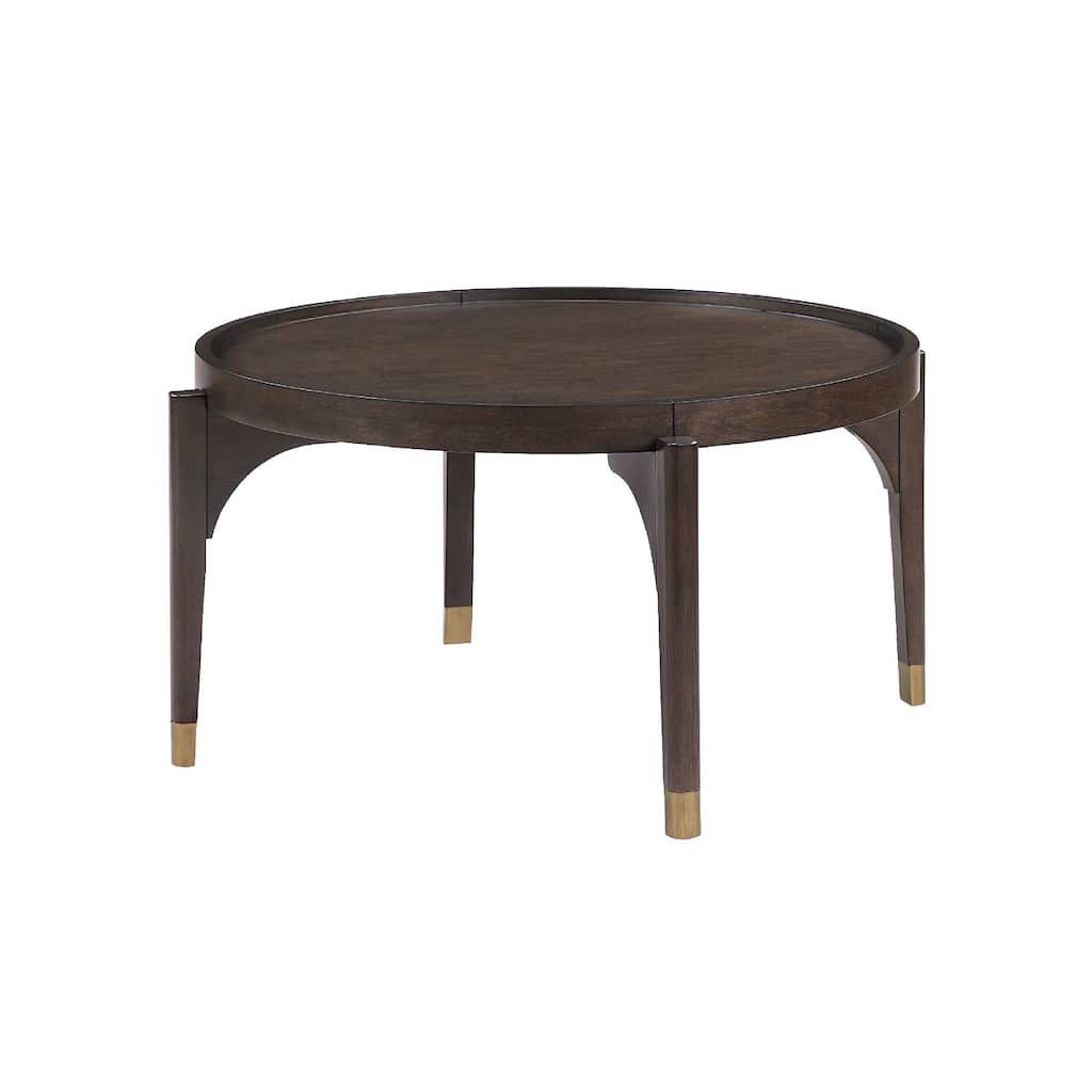 Azy Coffee Table, 36 Inch Round Top, Gold Capped Legs, Dark Brown