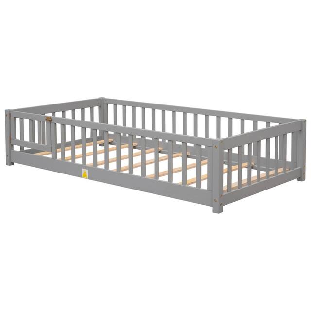 Twin/Full/Queen size Floor Platform Bed with Fence and Door for Kids, Toddlers