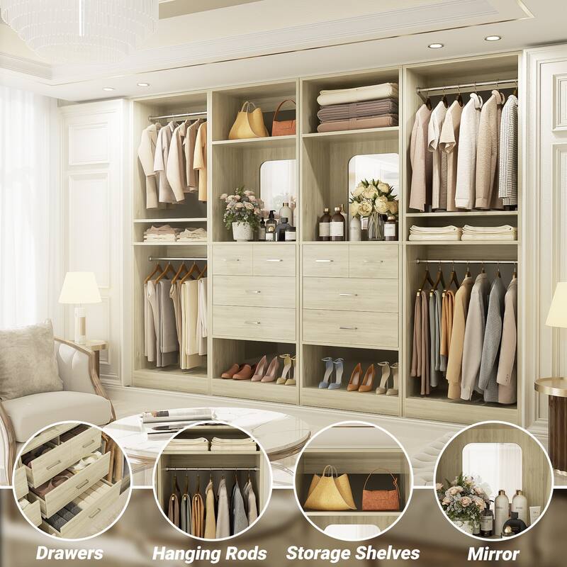 Set of 4 Closet System with 4 Drawer and Hanging Rods, Freestanding Closet Organizer with Storage Shelves