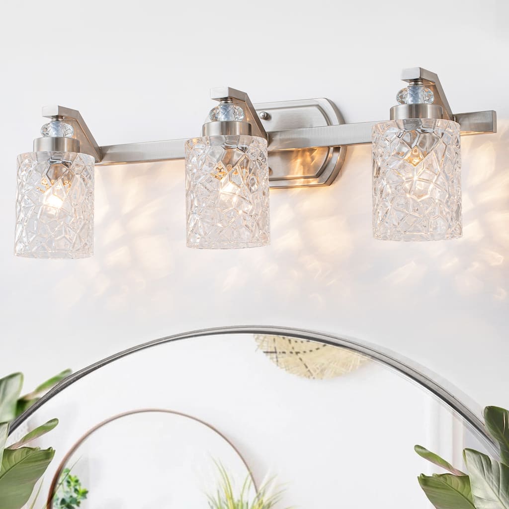 3 Light Nickel Bathroom Vanity Light Modern Textured Glass Shade - W-24.41 in.