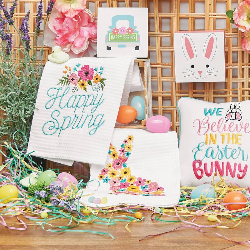 Bunny Rabbit Floral Flower Design Easter Spring Theme Embroidered Waffle Weave Kitchen Dishtowel