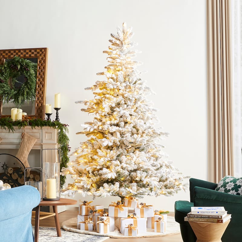 Glitzhome 6FT/7.5FT/9FT/11FT Snow Flocked Pre-lit Artificial Fir Christmas Trees