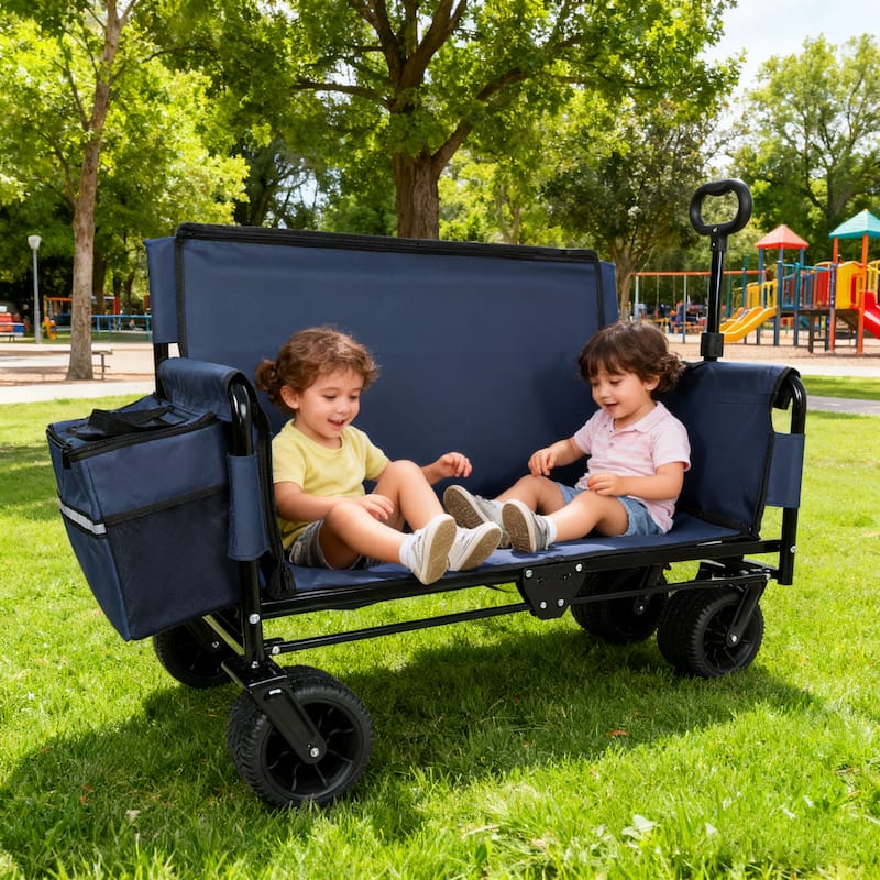 3-in-1 Folding Wagon Cart with Bench Seat & Storage, patent protection- Includes 1 ice pack, 500lbs Heavy-Duty