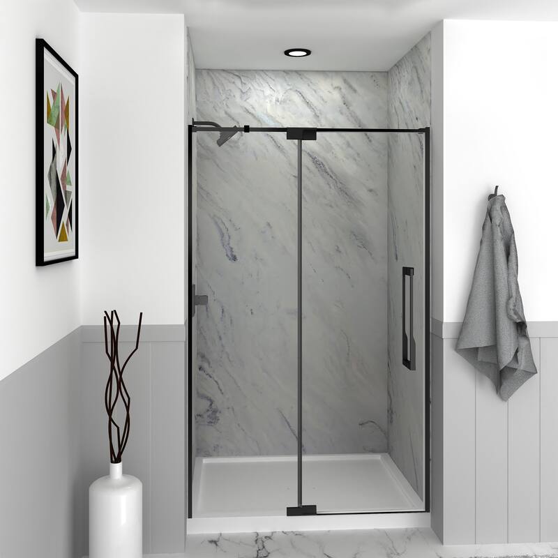 Irene 48 in. W x 76 in. H Pivot Semi-Frameless Shower Door with Clear Glass - 48-in W x 76-in H - 48-in W x 76-in H - Matte Black
