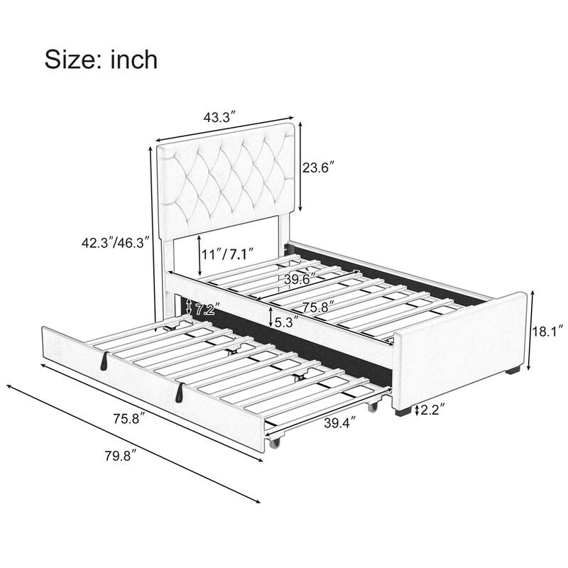 Twin Size Velvet Fabric Upholstered Platform Bed with Trundle Bed