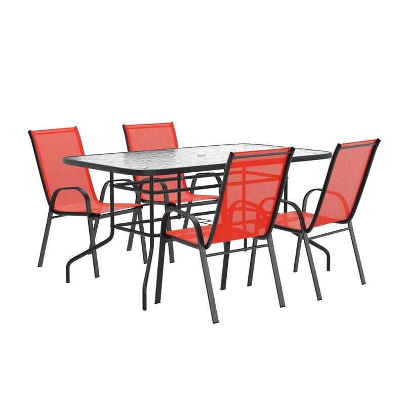 5 Piece Patio Dining Set - Glass Table, 4 Flex Stack Chairs