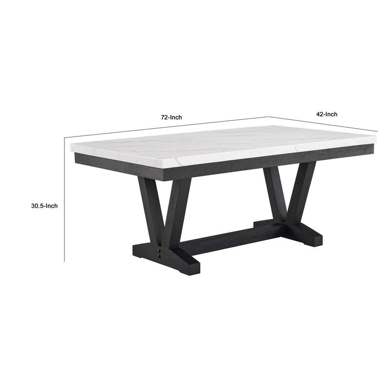 Vinz Dining Table, 72 Inch White Faux Marble Top, Black Trestle Base