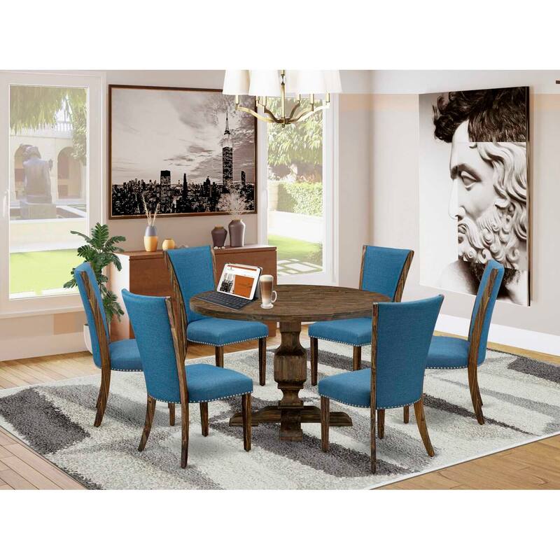 HomeStock 7-Piece Distressed Jacobean Finish Solid Wood Top Dining Table with 6 Parson Chairs