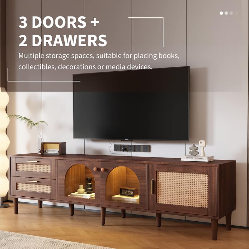Rattan TV Stand with 3 Cabinets and 2 Drawers for TVs up to 80"