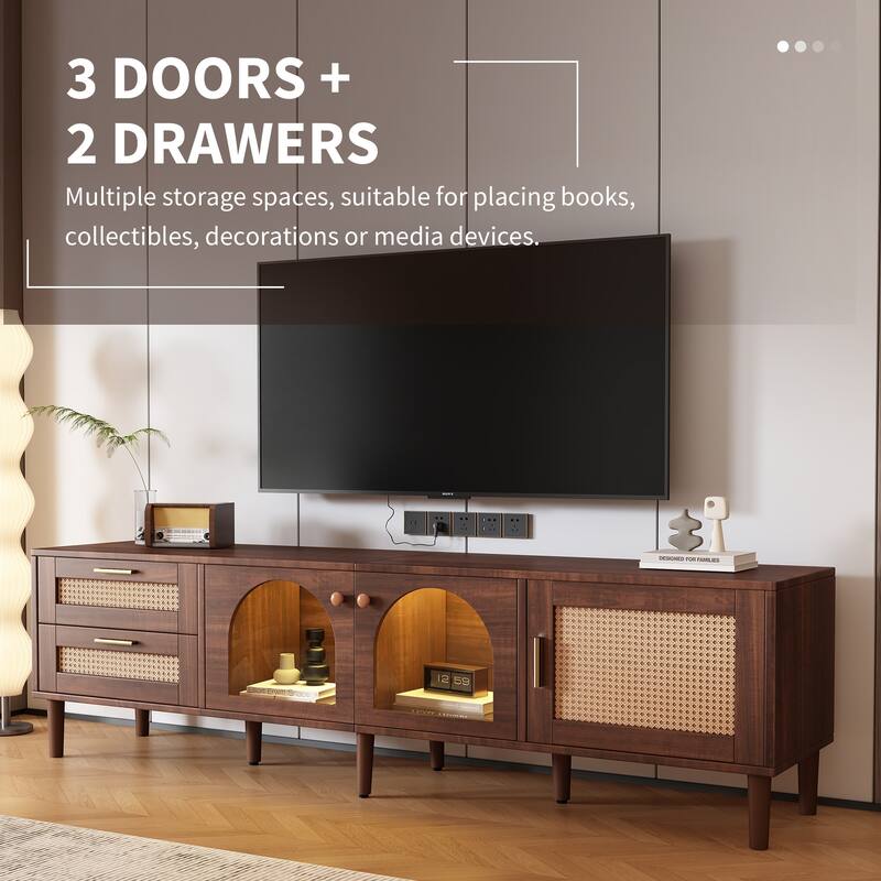 Rattan TV Stand with Cabinets and Drawers,Media Console Table for TVs up to 80'', LED Light Entertainment Center