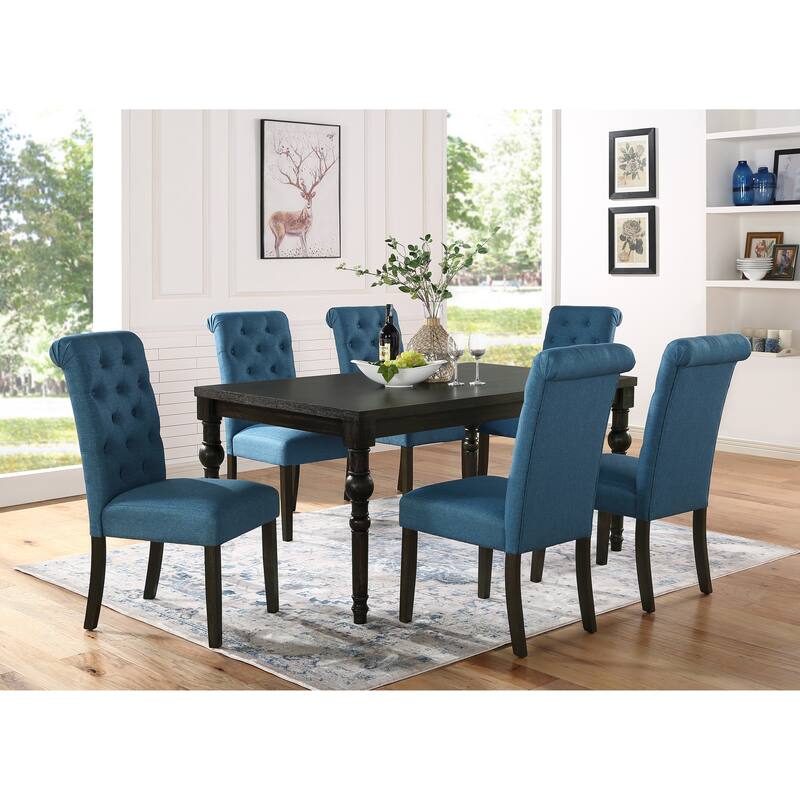 7 Piece Urban Style Wood Dining Table Furniture Set, Rectangular Kitchen Table with 6 Upholstered Tufted High Back Chairs - Black+Blue