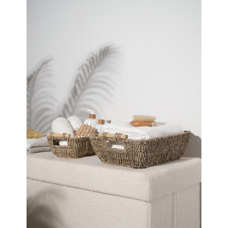 2-Pack Hand-Woven Storage Baskets with Wooden Handles, Wicker Basket for Organizing, Gift Choice