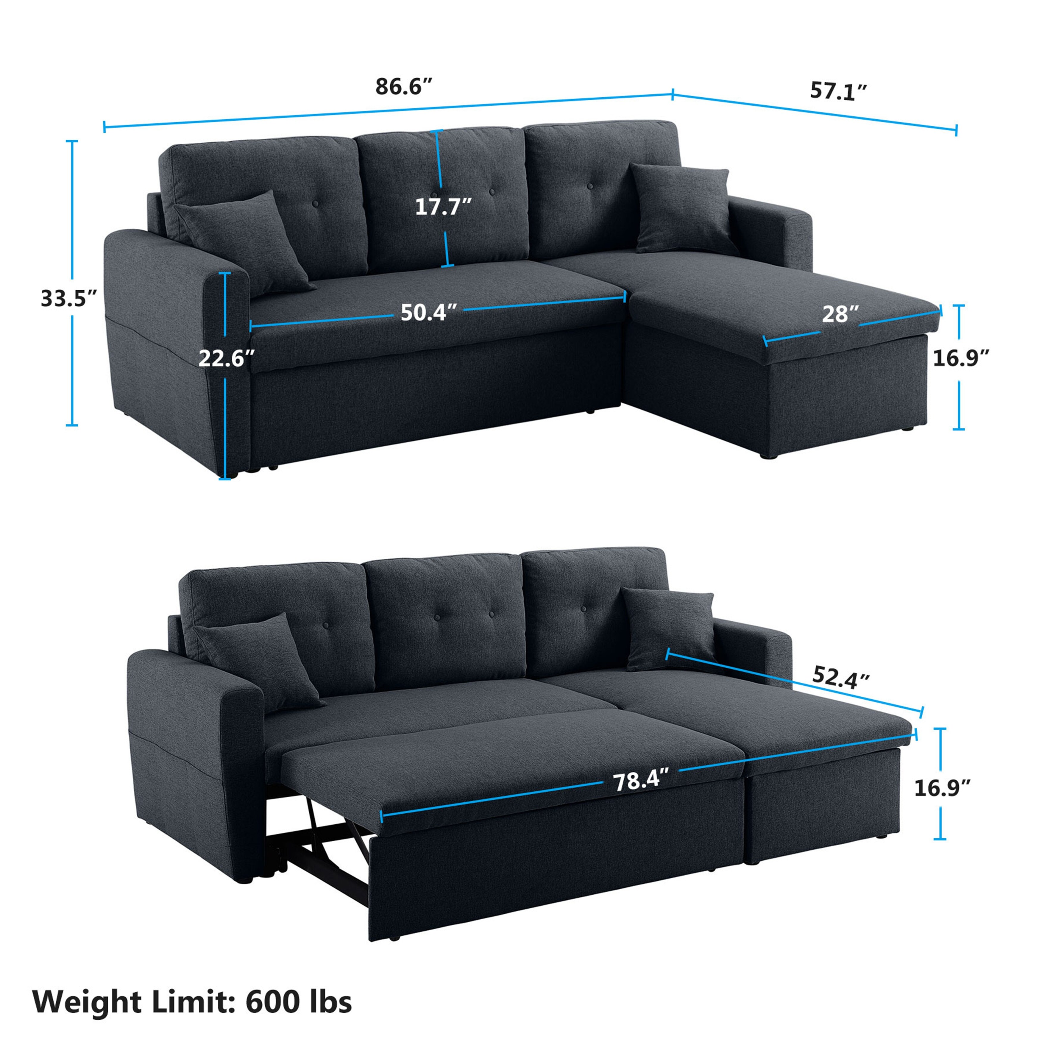 86 6 Reversible Sofa Bed With Storage Sleeper Sectional Couch Overstock 30684501