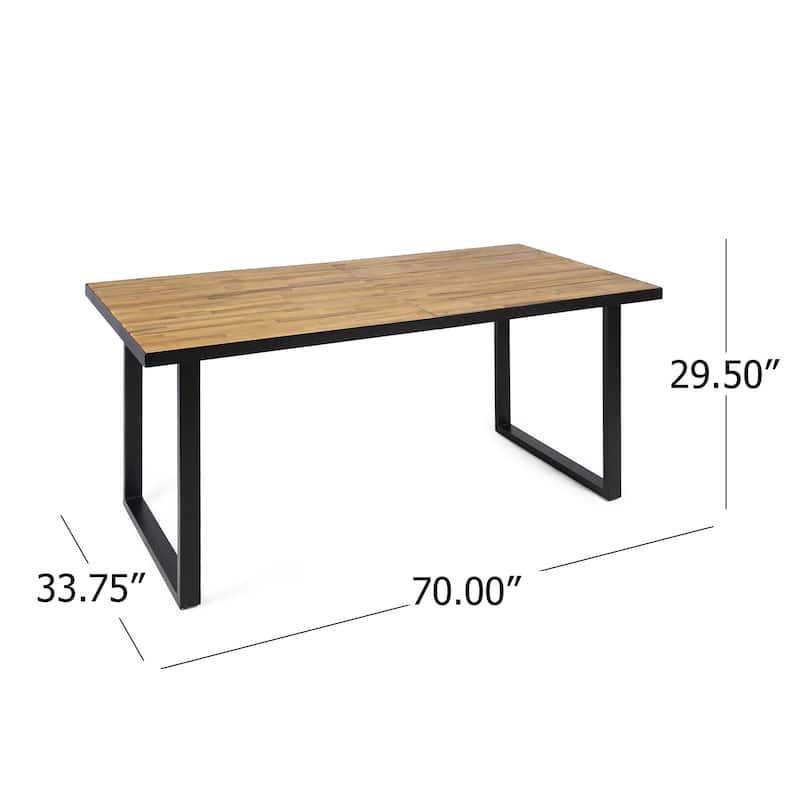 70 Inch Acacia Wood Dining Table Teak Top Black Metal Legs Outdoor Patio