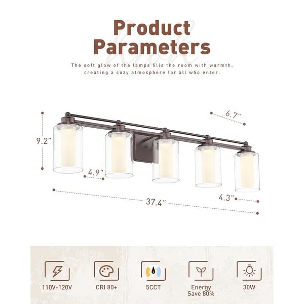 dimension image slide 0 of 3, 5 Light Vanity Light, Bathroom Light, 30W 5CCT - 5-Light