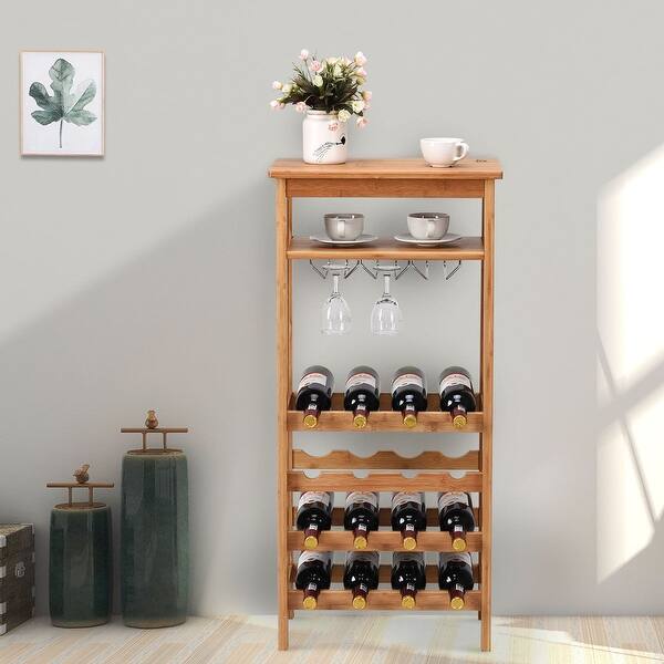 Shop Gymax Bamboo Wine Rack Countertop Bottle Storage Free Standing W Glass Hanger Shelf Natural Overstock 25248934