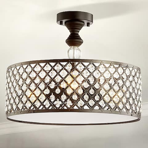 Ilsa 17" 3-Light Crystal/Metal Drum Semi-Flush Mount, Black by JONATHAN Y