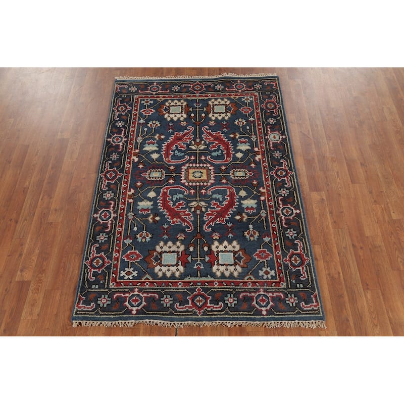 Blue Geometric Oushak Indian Area Rug Handmade Wool Carpet - 3'11"x 5'10"