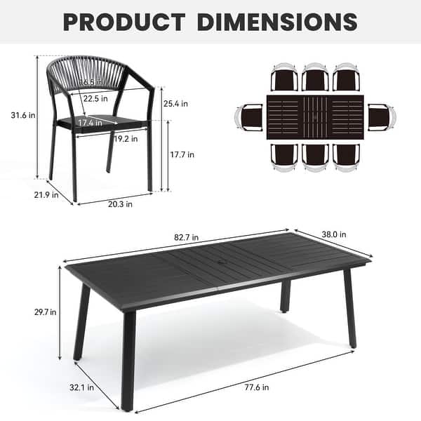 dimension image slide 3 of 7, 9/11/13-Piece Patio Dining Set Outdoor All-Weather Aluminum Dining Table and Woven Twist Wicker Stackable Chairs