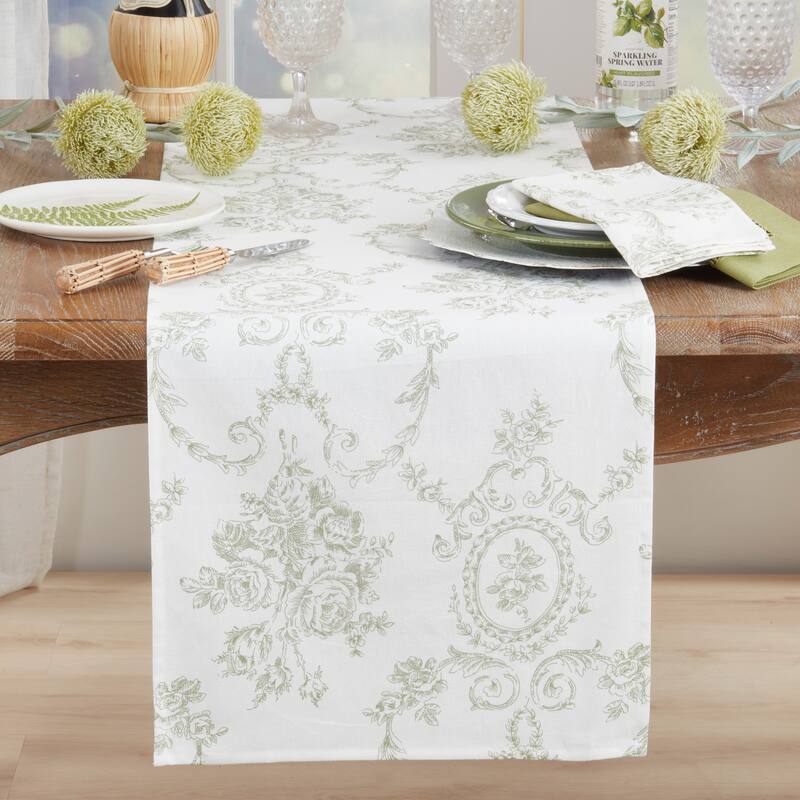 Ornate Floral Linen Blend Table Runner - Decorative Table Runner for Dining & Console Tables