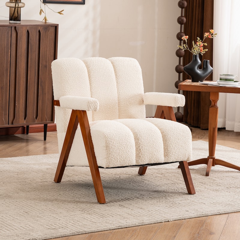 Mid Century Modern Accent Chair, Chenille Armchair with Solid Wood Legs, Channel Tufted Comfy Reading Chair for Living Room