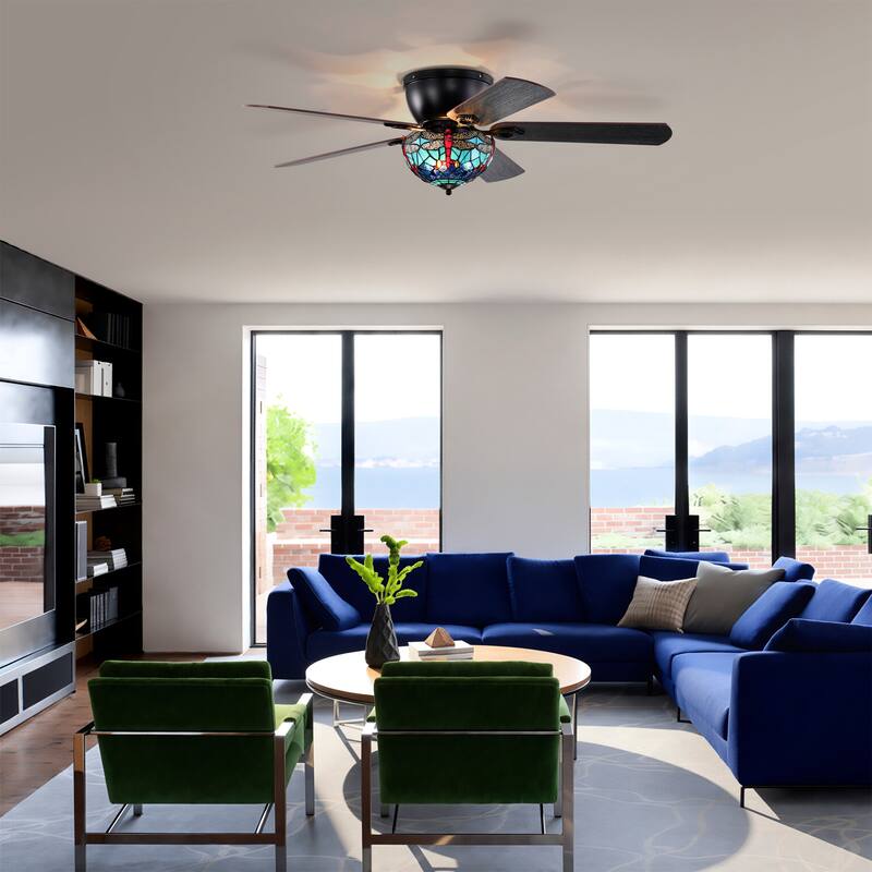 Pluvey 52-Inch Flushmount Lighted Ceiling Fan Blue Red Draginfly Tiffany Glass Lamp Black Finish