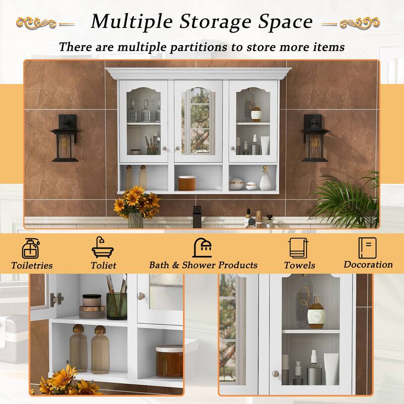 Roomfitters 47" Wall Cabinet with Mirror, 3 Adjustable Shelves and Open Compartments, Over Toilet Bathroom Storage, White
