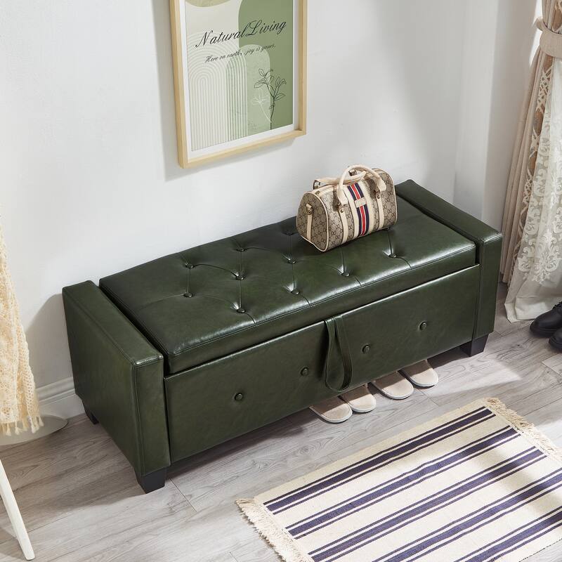 Tufted Faux Leather Storage Ottoman Bench for Bedroom, Living Room & Hallway, 48" Multifunctional Upholstered End of Bed Bench - Dark Green