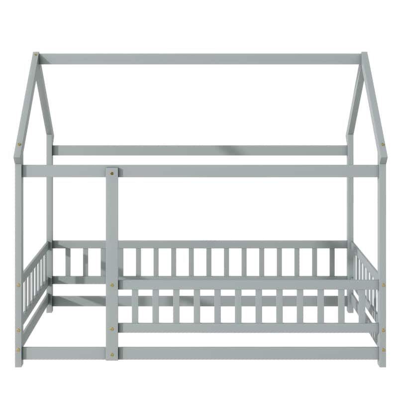 Twin Size House Floor Wooden Bed with Roof Frame