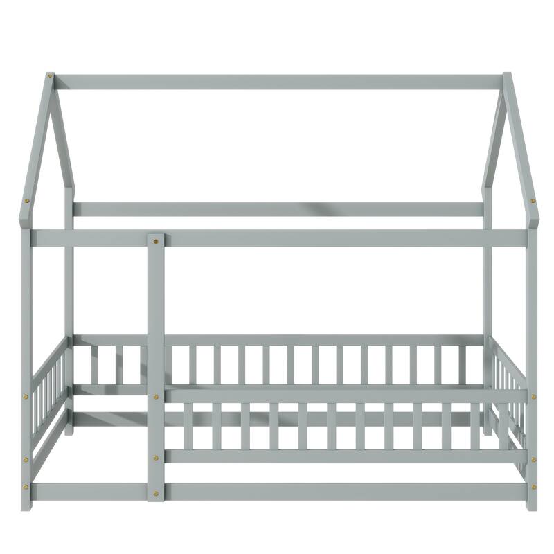 Wood Toddler House Bed with Roof Frame and Safety Guardrails Montessori Floor Bed without Slats No Door Houseshaped Platform Bed