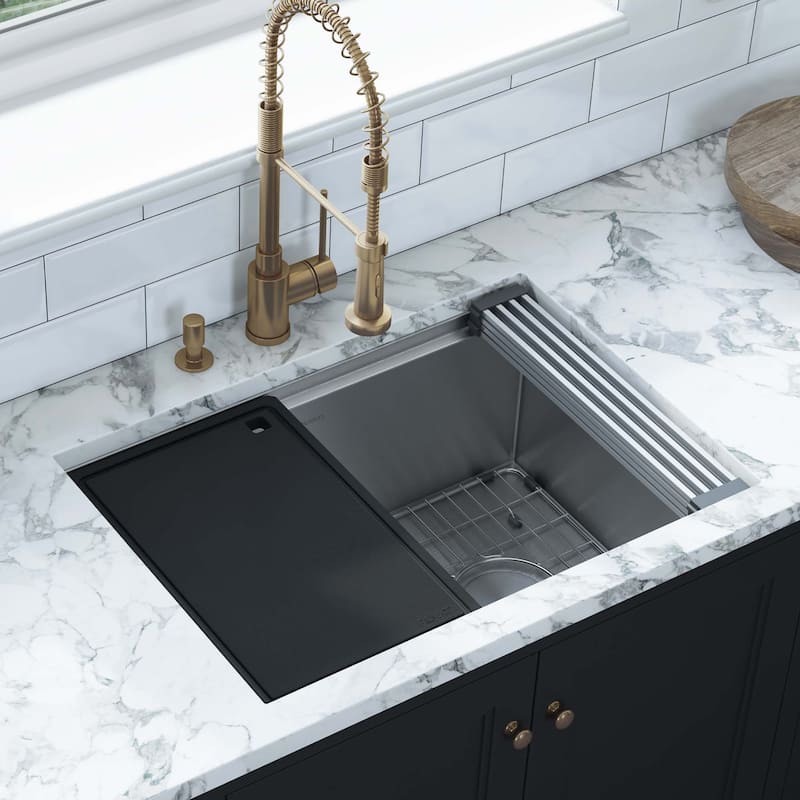 Ruvati 27-inch Workstation Slope Bottom Offset Drain Undermount 16 Gauge Kitchen Sink - RVH8573 - 27 x 19